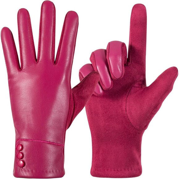 Womens Rose-Red Winter Fashion Leather Windproof Warm Suede Driving Dress Gloves - Picture 2 of 7